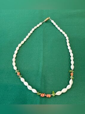 Necklace W/ White MotherOf Pearl Rice Beads &Small Green &Orange Stone Chips 50D